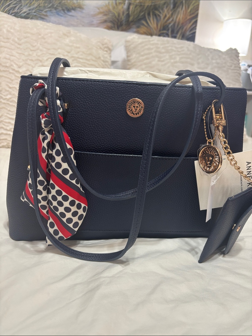 Anne Klein Sadie Navy Tote Shoulder Bag Scarf Charm Matching Pouch NWT